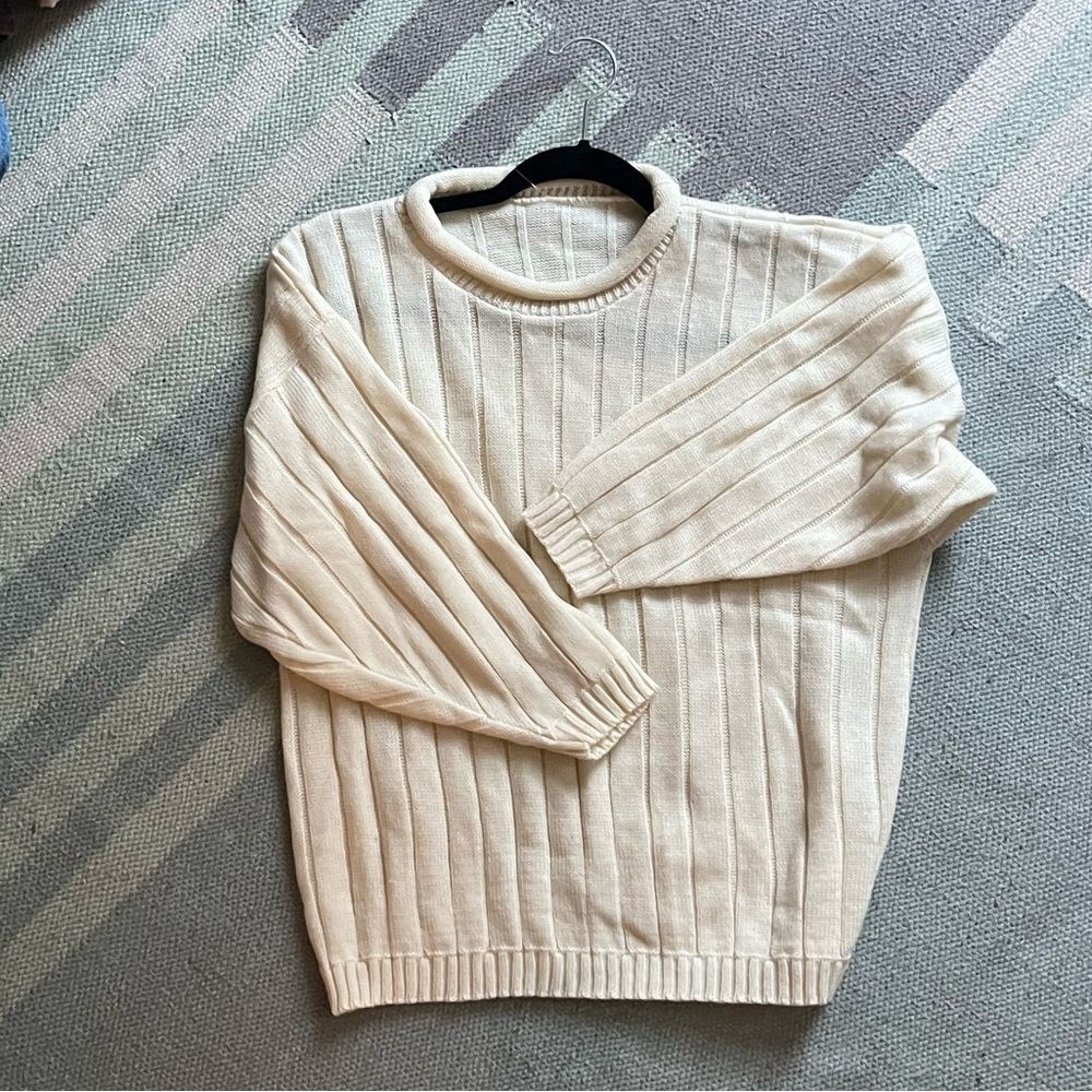 Vintage Men’s L Classic Cream Sweater Roll Neck Ribbed